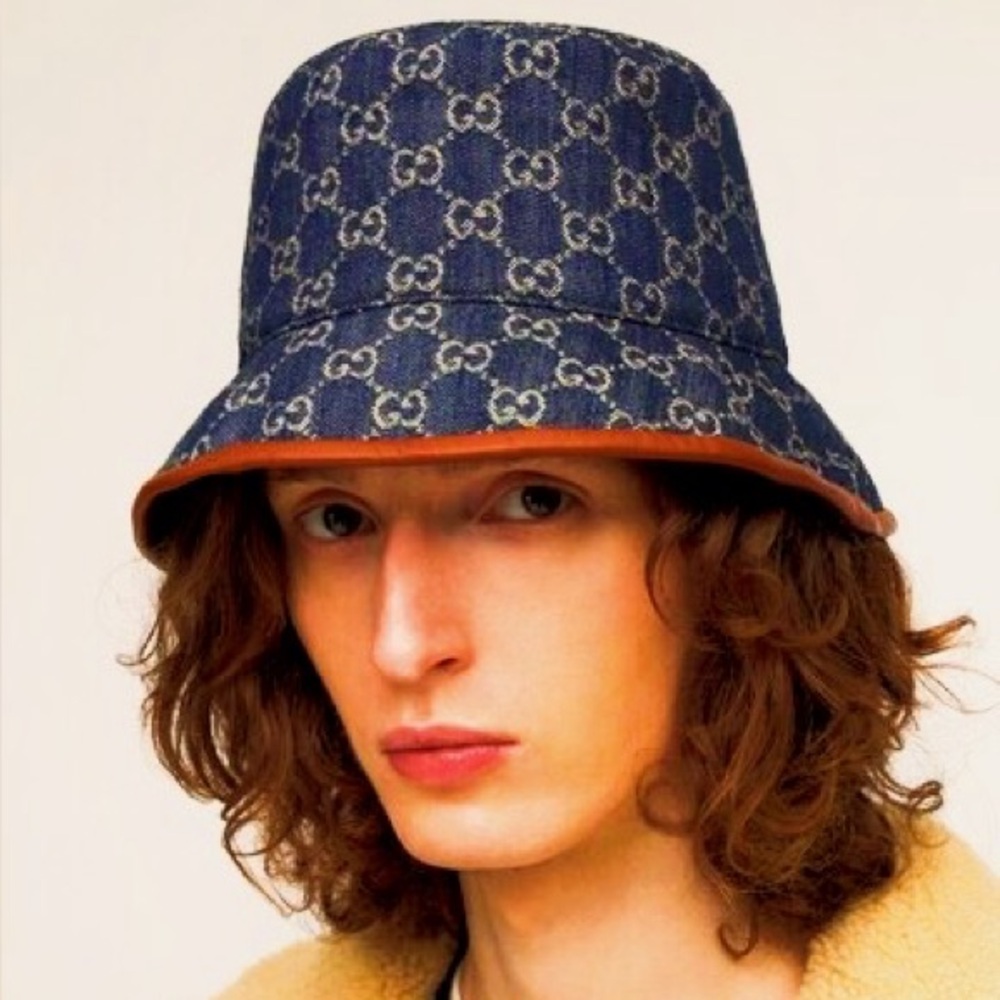 Denim Supreme Monogram Bucket Hat Stiff Navy Blue Canvas Brown Calf Leather Trim - Picture 3 of 13
